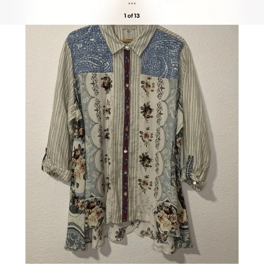 John Mark plus size Embellished mixed Fabric Button-Up Shirt - Picture 13 of 13